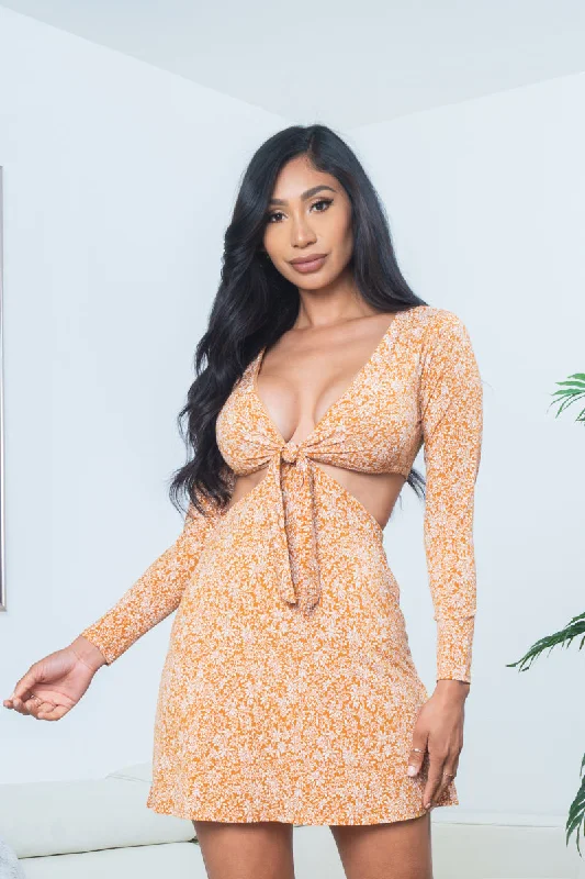 Floral Print Long Sleeve Tie Front Plunge V Neck Mini Dress with Midriff Cutout in Mustard (DR96989) Trendy A-Line Mini Dress