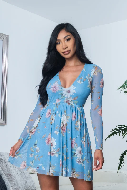 Floral Print Sheer Mesh Long Sleeve Plunge V Neck Mini Dress with Flowy Circle Skirt, Fully Lined (R6976-5) Y Casual Button-Up Mini Dress