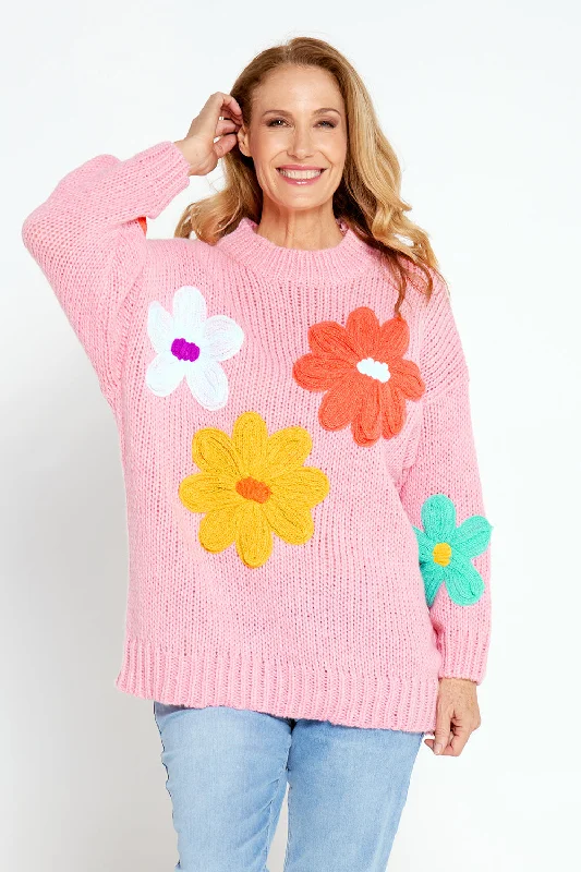 Flower Power Knit Jumper - Pink Floral Wool Fabric Cashmere Fabric Tweed Fabric