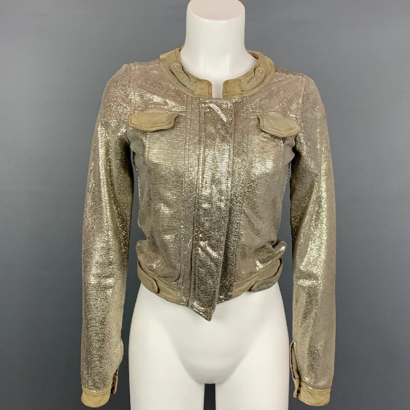 GIORGIO BRATO Size 4 Taupe Metallic Leather Zip Up Jacket Jacket Blazer Coat