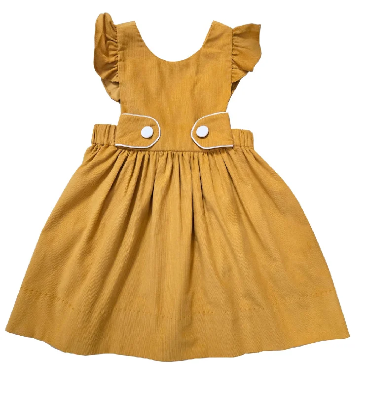 Girl's Mustard Corduroy Jumper with White Buttons Satin Blend Silk Blend Wool Blend