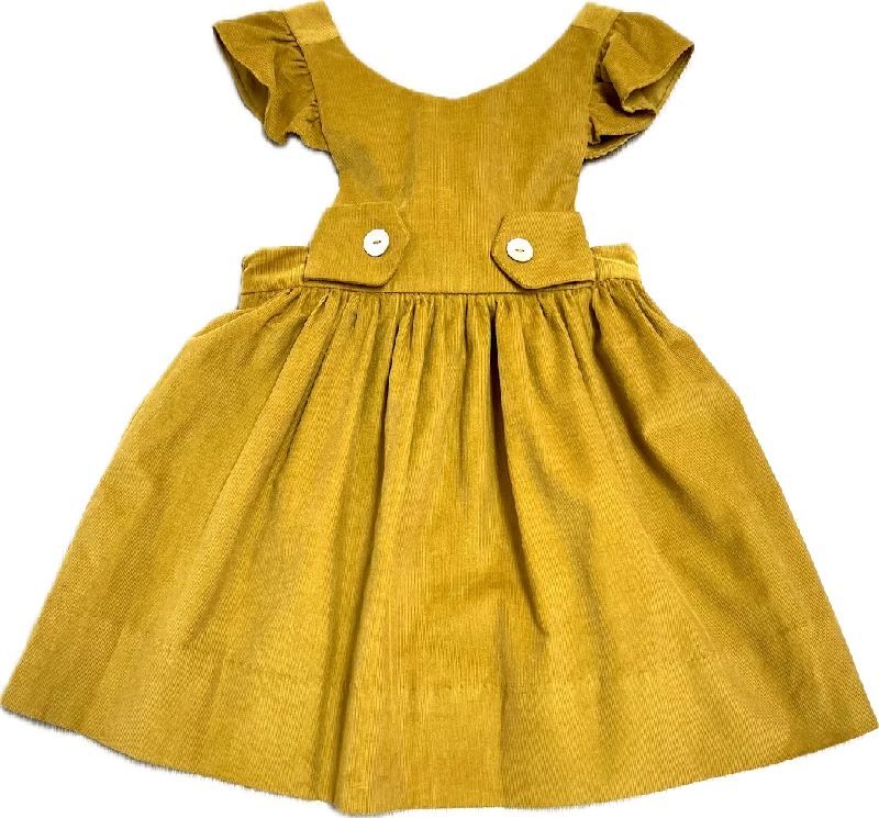 Girl's Mustard Corduroy Jumper with Shell Buttons Solid Print Embellished