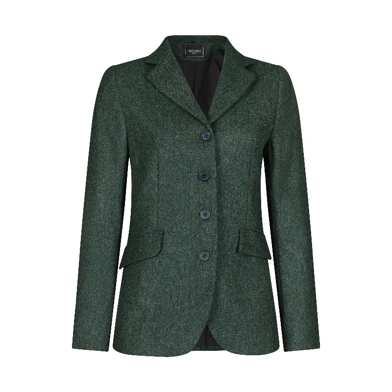 Green Herringbone Fiadh Donegal Tweed Jacket Welt Pockets Slit Pockets Flap Pockets