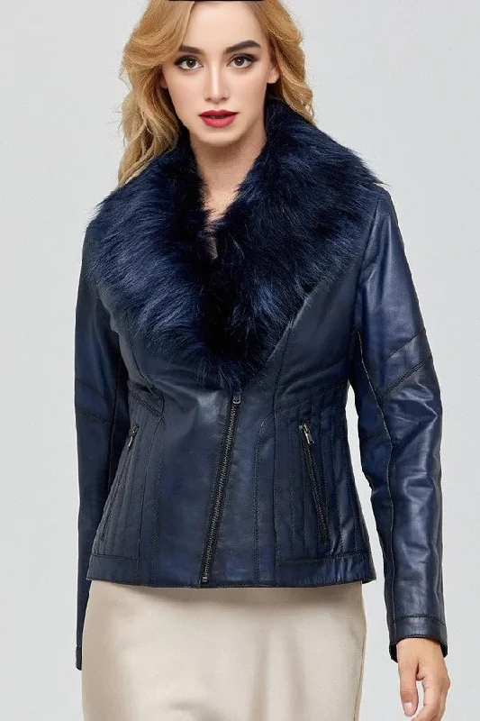 Isabella Dark Blue Leather Jacket With Fur Collar For Women Satin Jacket Silk Jacket Chiffon Jacket