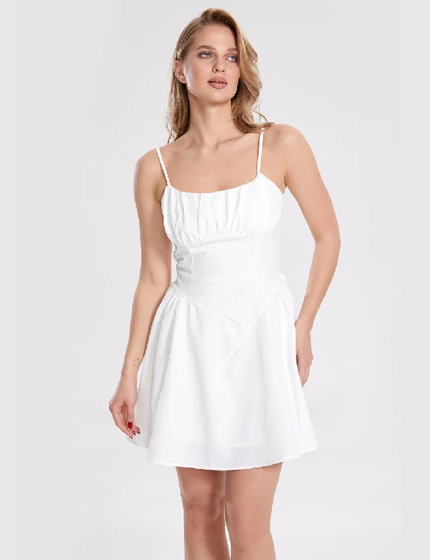 Ladies White Ruched Spaghetti Strap Mini Dress SKD341 Trendy A-Line Mini Dress