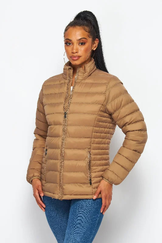 Women's Soft Coated Winter Puffer Jackets-LJ640 - KHAKI Front Pockets Side Pockets Patch Pockets