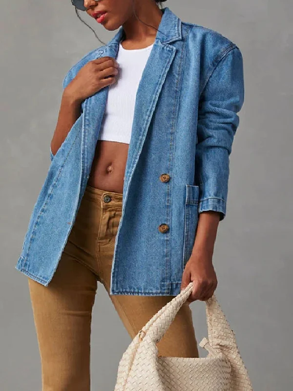 Long Sleeve Collared Neck Denim Jacket Welt Pockets Slit Pockets Flap Pockets