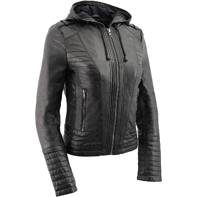 M-Boss Apparel BOS3554 Women's Black Premium Leather Fashion Biker Style Jacket w/ Hoodie Elasticated Jacket Padded Jacket Insulated Jacket