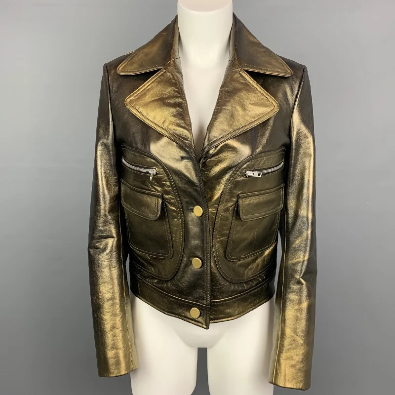 MAISON MARTIN MARGIELA Size 4 Olive & Gold Leather Jacket Satin Jacket Silk Jacket Chiffon Jacket