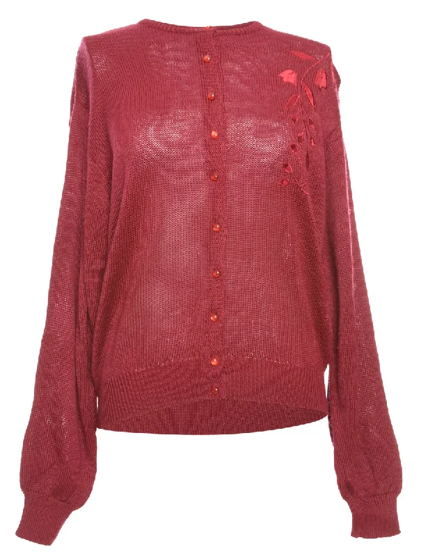 Maroon Button Front Jumper - M Spandex Rayon Corduroy