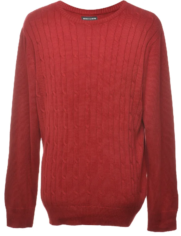 Maroon Cable Knit Jumper - L Open Front Closed Front Wrap Front