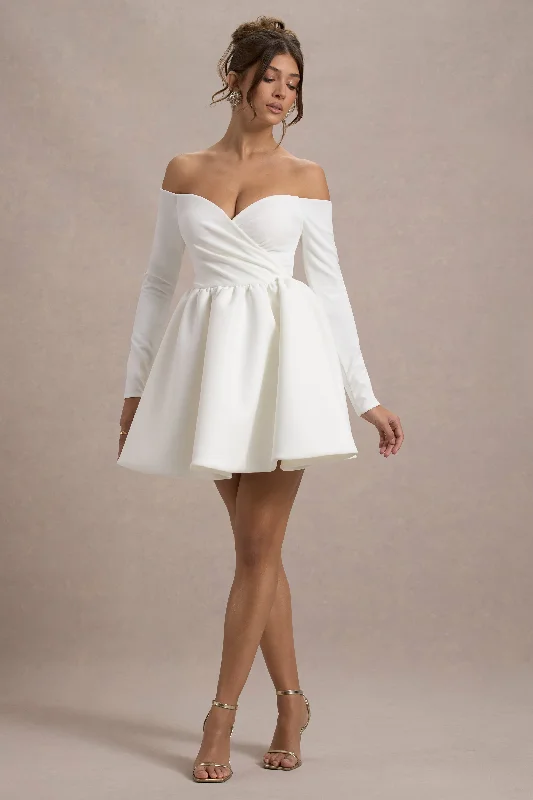 Marta | White Bardot Long-Sleeve Mini Dress Trendy Off-Shoulder Dress Mini