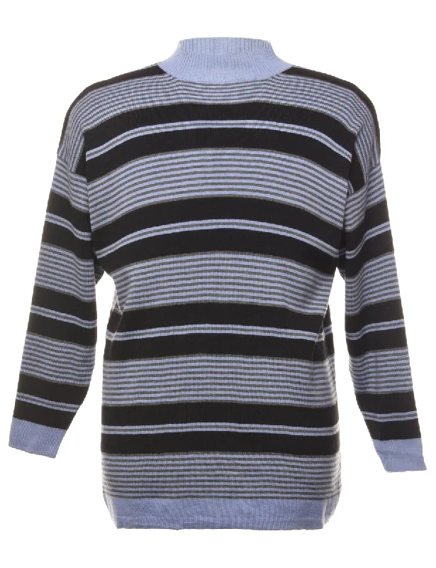 Merino Wool Striped Jumper - L High Neck Crew Neck V-Neck