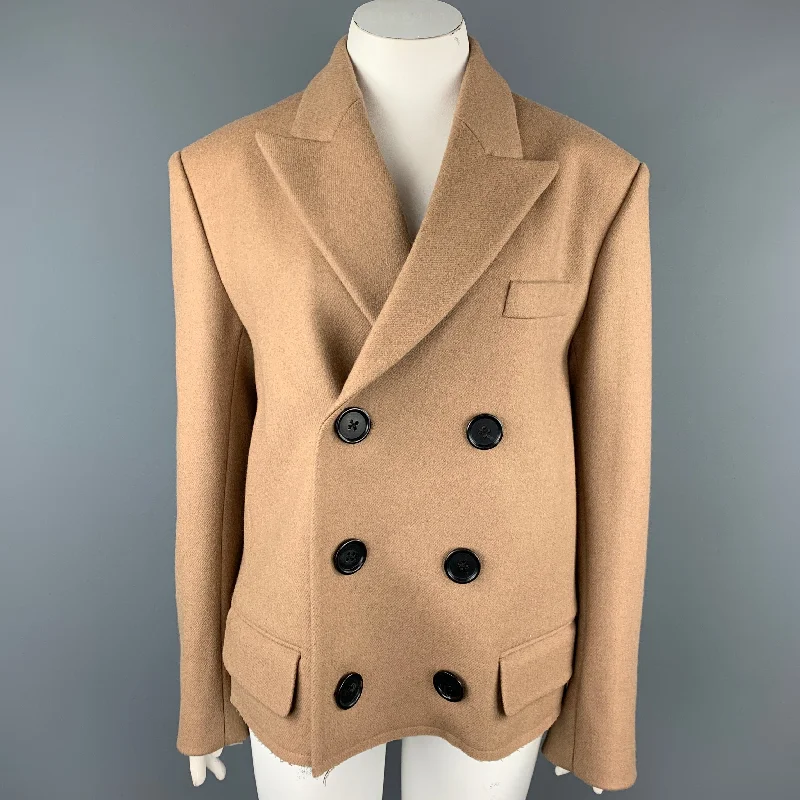 MERYL ROGGE Size 6 Camel Twill Wool Double Breasted Jacket Tiered Jacket Buttoned Jacket Zippered Jacket