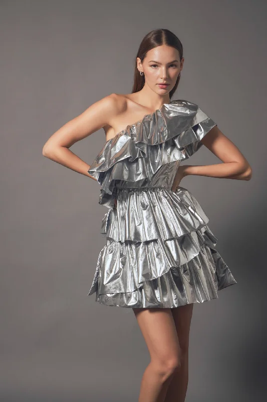 Metallic Tiered Mini Dress Comfortable Casual Mini Dress