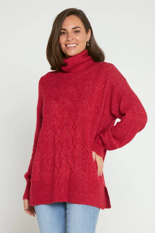 Miya Cowl Cable Knit Jumper - Raspberry Solid Print Embellished