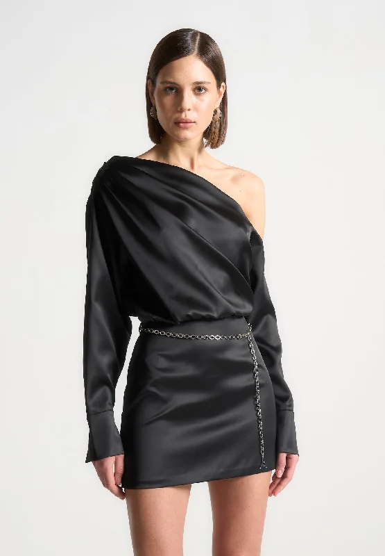 Off Shoulder Draped Satin Mini Dress with Belt - Black Casual Button-Up Mini Dress