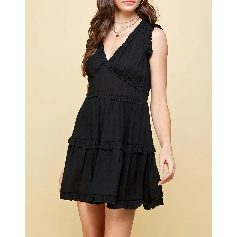 Pinch - V-Neck Ruffle Mini Dress - Black Elegant Vintage Mini Dress