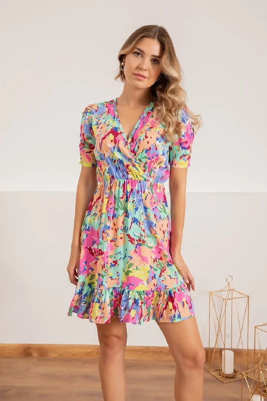 Printed Mini Dress With Gathered Sleeves - Blue Trendy Cut-Out Mini Dress