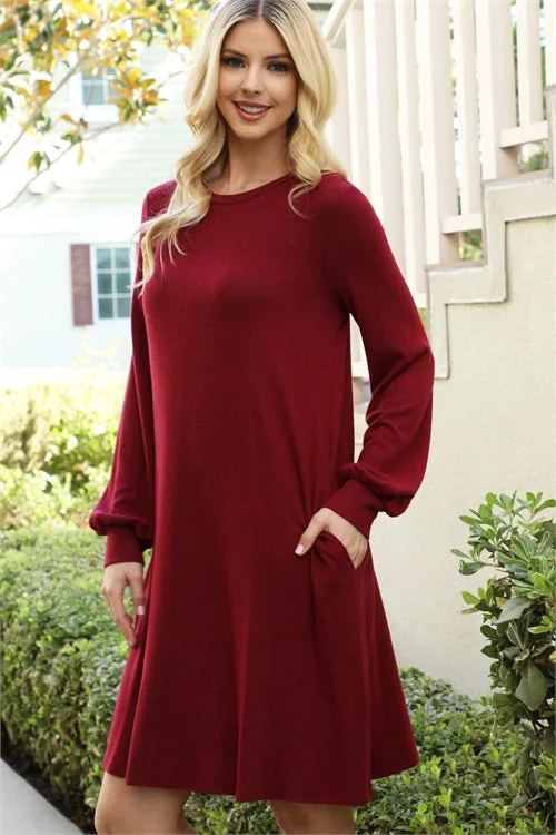 Puff Long Sleeve Mini Dress - Scarlet Cozy Knitted Mini Dress