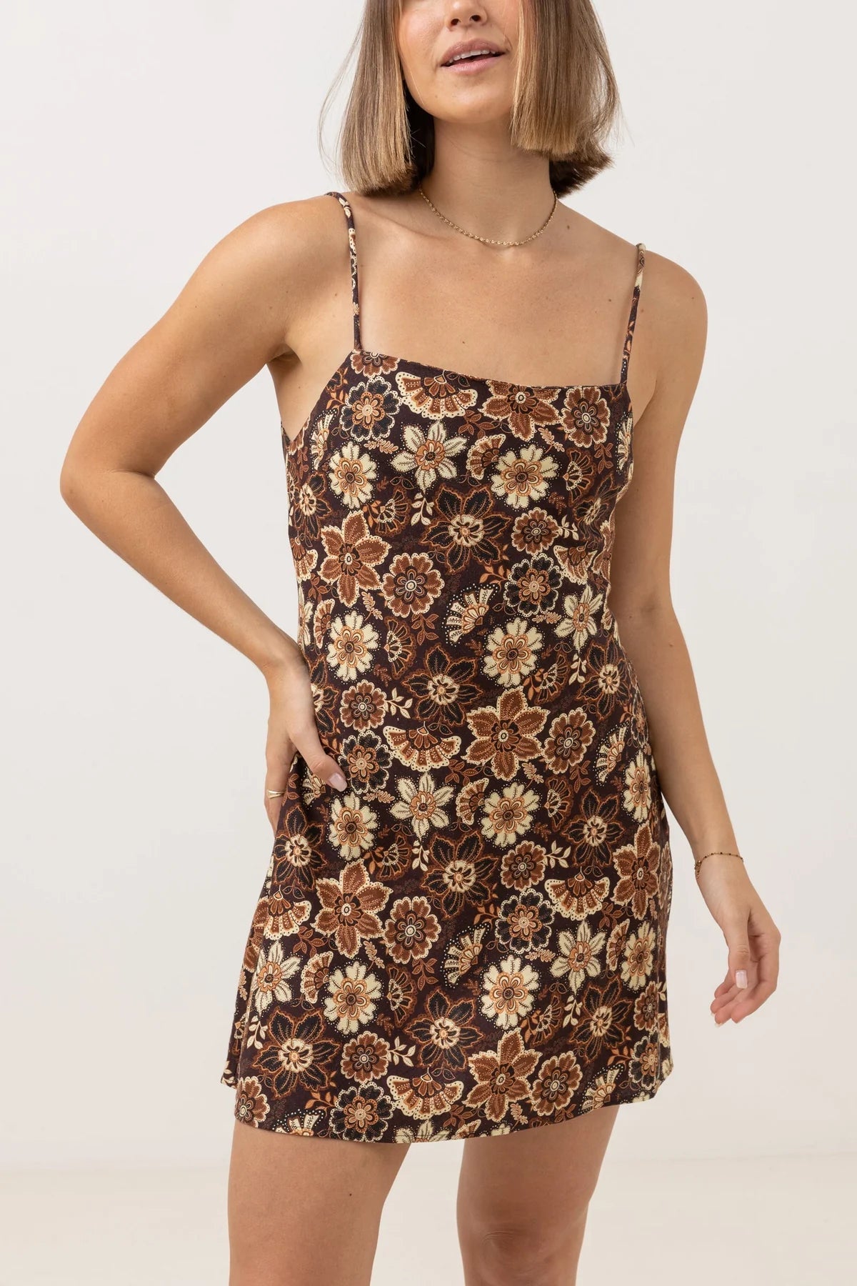 RHYTHM Women's Cantabria Floral Bias Mini Dress Brown Elegant Sequin Mini Dress