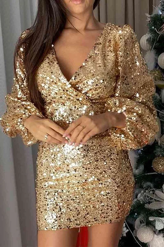 Long Sleeve V-Neck Sequin Waisted Hip Mini Dress Comfortable Zip-Up Mini Dress