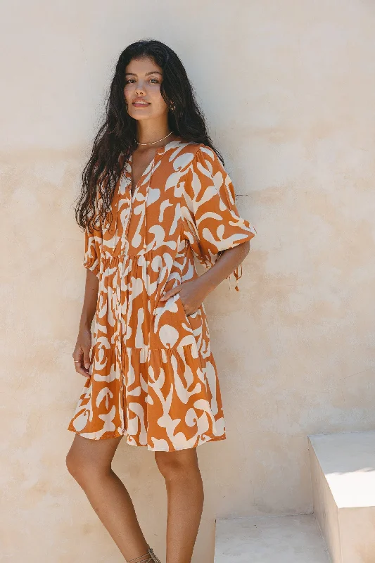 Solange Rust Orange Abstract Button Down Mini Dress Comfortable Boho Mini Dress