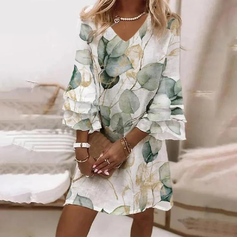 Special 3/4 Sleeve Print Mini Dress Modern Satin Mini Dress