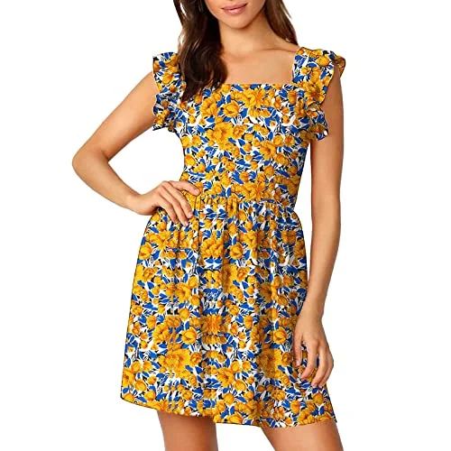 Summer Dress for Women, Womens Floral Sun Dress Cute Tie Back Ruffle Strap A Line Mini Dress Flowy Short Beach Dress | Original Brand Cozy Sweater Mini Dress