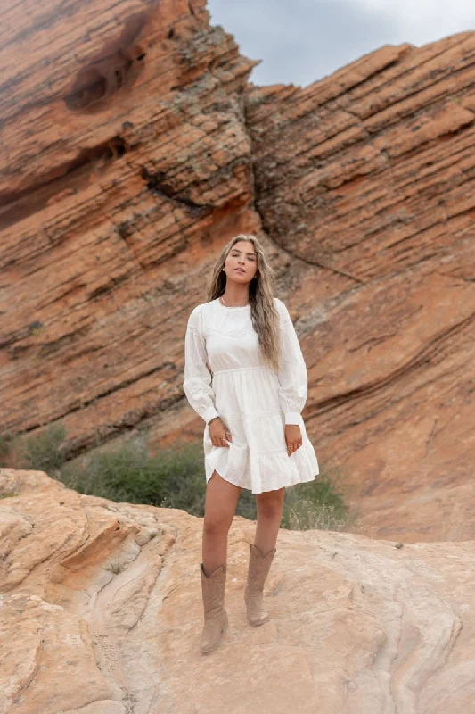 Tailee Long Sleeve Mini Dress in White Casual V-Neck Mini Dress