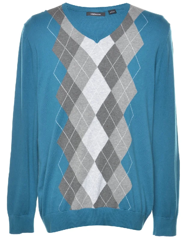 Teal Argyle Jumper - L High Neck Crew Neck V-Neck