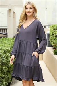 Tiered Long Sleeve Mini Dress - Dk Gray Elegant Off-Shoulder Dress Mini