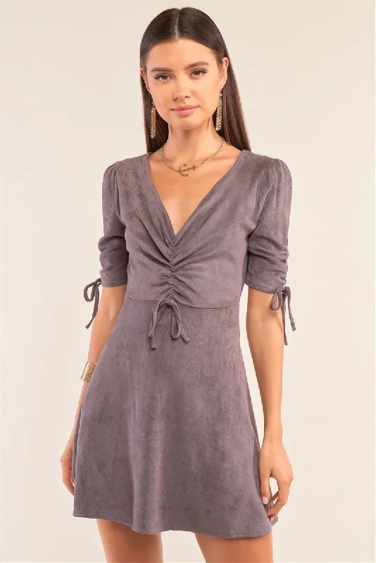 Charcoal Grey Suede Deep Plunge V-neck Gathered Detail Tight Fit Mini Dress Trendy Cut-Out Mini Dress