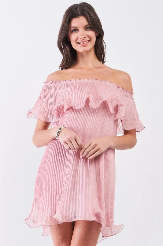 Pink Pleated Off-the-shoulder Double Layered Frill Trim Mini Dress Trendy Off-Shoulder Dress Mini