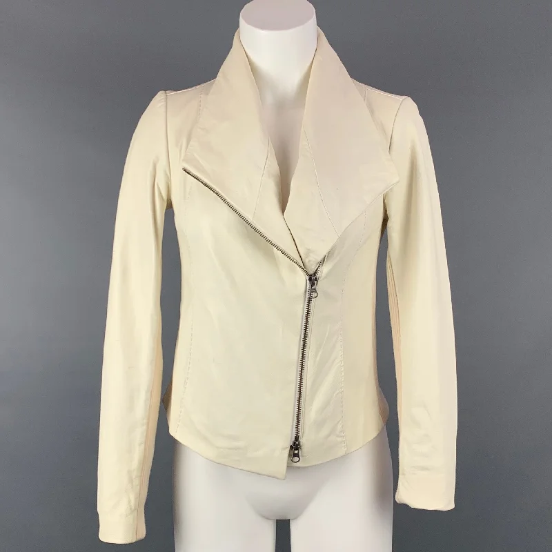 VINCE Size XS Cream Cotton Leather Motorcycle Jacket Collared Jacket Crew Neck Jacket Turtle Neck Jacket