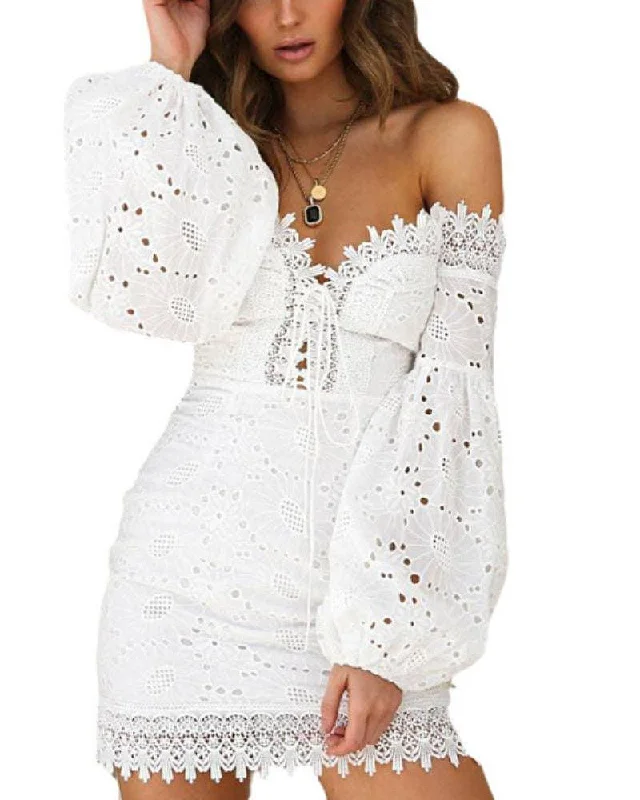 White Off Shoulder Lace Up Mini Dress SKD175 Classic Floral Print Mini Dress