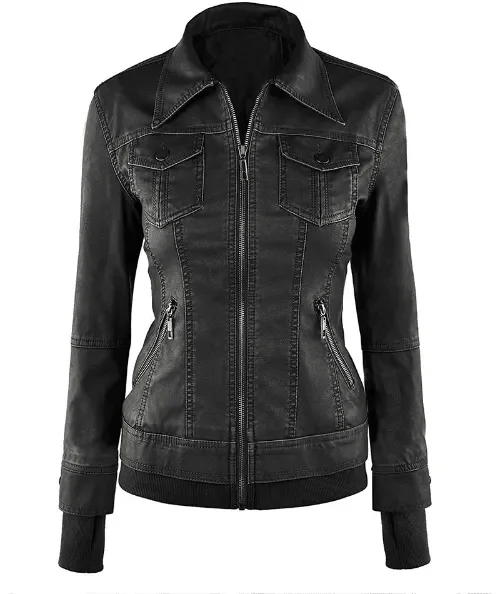 Womens Black Hooded Bomber Leather Jacket Front Pockets Side Pockets Patch Pockets