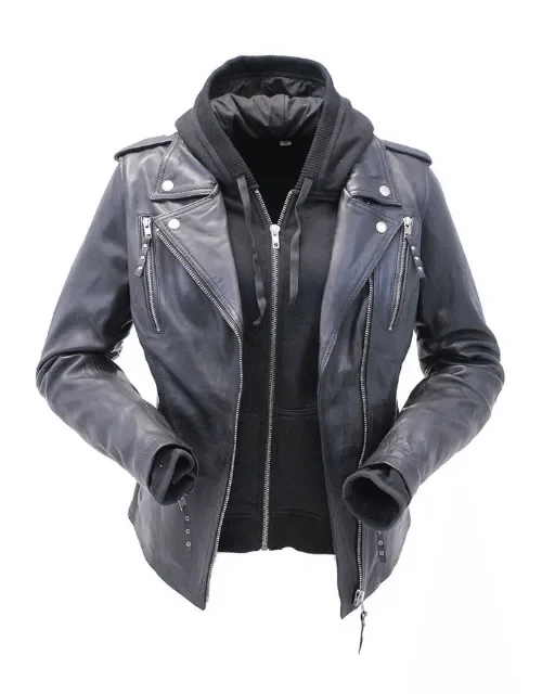 Women's Leather Jacket with Black Hoodie Chenille Jacket Brocade Jacket Lace Jacket