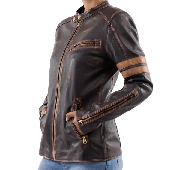 Women's Distressed Café Racer Vintage Brown Leather Jacket Front Pockets Side Pockets Patch Pockets