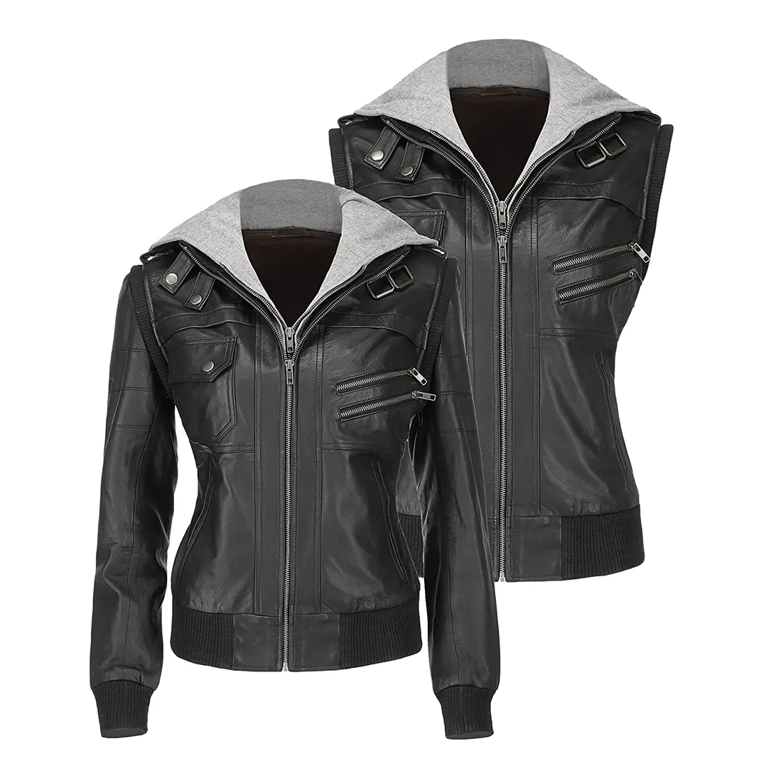 Women's Hooded Black Leather Jacket Fleece Jacket Down Jacket Parka