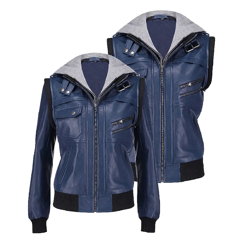 Women's Hooded Blue Leather Jacket Nylon Fabric Polyester Fabric Spandex Fabric