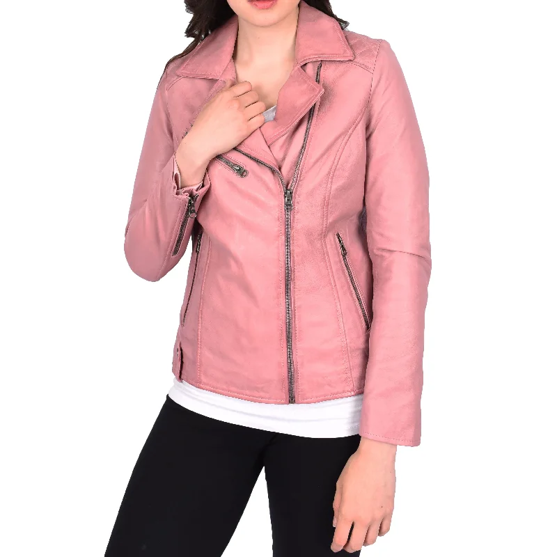 Womens Leather Biker Jacket Cross Zip Style Mona Pink Hoodie Zip-Up Jacket Button-Up Jacket