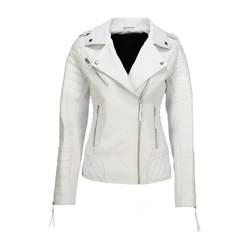 Women's Quilted Sleeves White Leather Biker Jacket Notch Collar Jacket Peter Pan Collar Jacket Cowl Neck Jacket