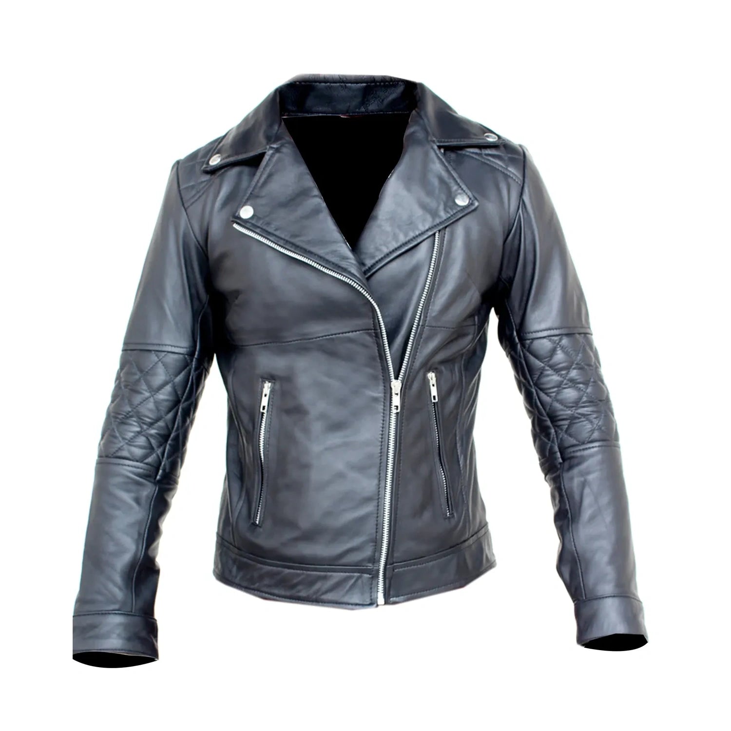 Women's Zip-Up Real Black Leather Quilted Diamond Motorcycle Jacket Ribbed Jacket Pleated Jacket Ruffled Jacket