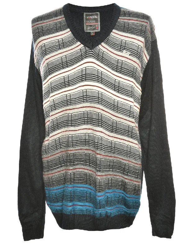 Patterned Knit Jumper - L Graphic Sweater Embroidered Appliqued