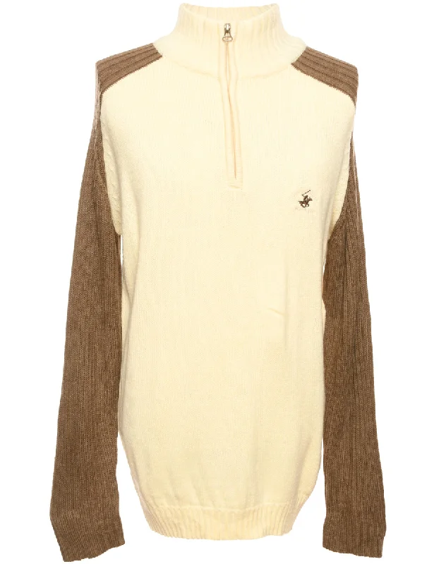 Quarter Zip Pale Yellow Jumper - L Spandex Blend Rayon Blend Denim Blend