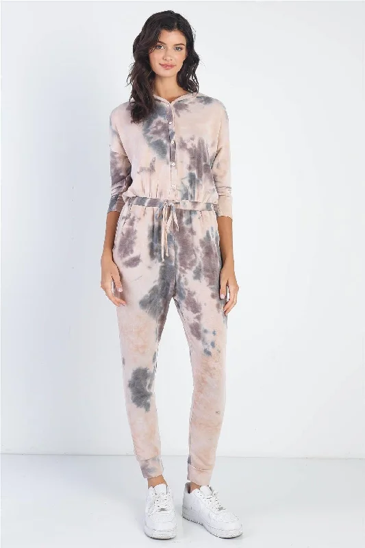 Tie-Dye Button Up Midi Sleeve Hooded Jumpsuit Hoodie with Contrast Stitching Detailed Premium