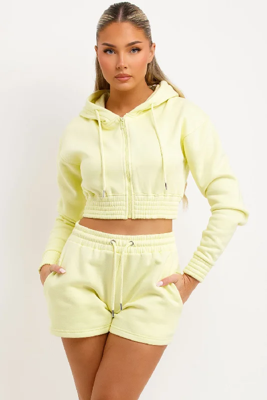 Crop Zip Hoodie And Shorts Tracksuit Set Lemon Hoodie with Hem Contrast Bold Stylish