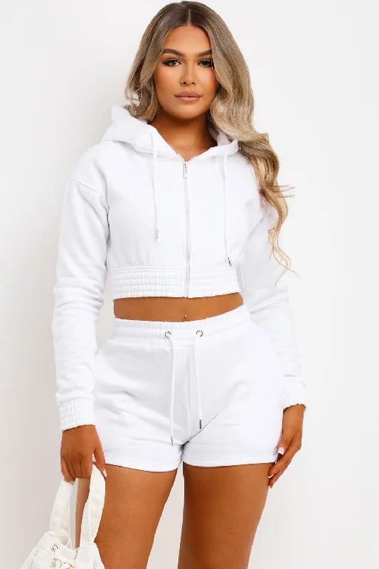 Crop Zip Hoodie And Shorts Tracksuit Set White Hoodie Jacket Zipper Layering