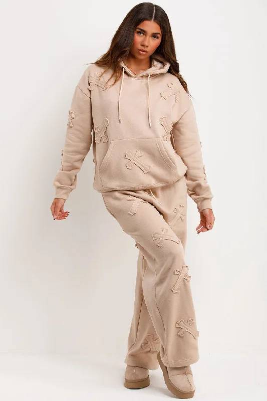 Cross Patch Hoodie And Joggers Tracksuit Lounge Set Beige Hoodie with Lining Warm Insulated